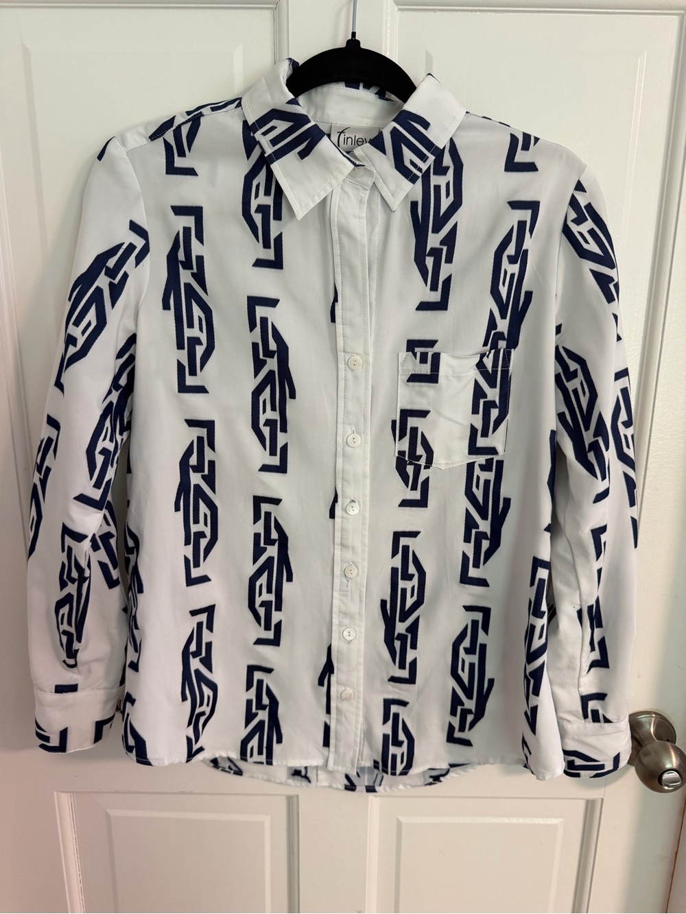 NWOT Finley Alex Greek Key Jacquard Button-Down Shirt Navy White S